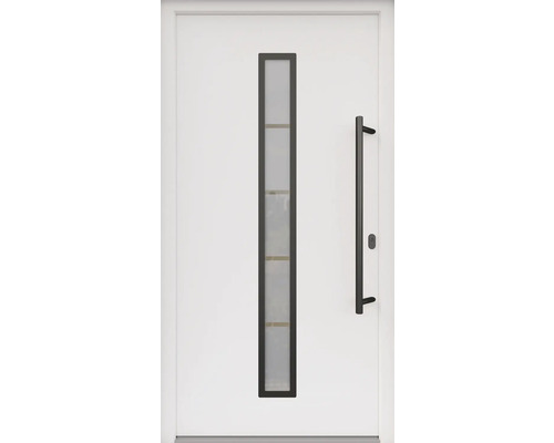 ARON HaustürARON 3171 Aluminium-Kunststoff-Verbund RAL 9016 verkehrsweiß 1000x2000 mm einseitig flügelüberdeckend DIN Rechts inkl.Stoßgriffset,Innendrücker in Schwarz,Profilzylinder mit 3 Schlüsseln Weiße Haustür mit Glaseinsatz und schwarzem Griff