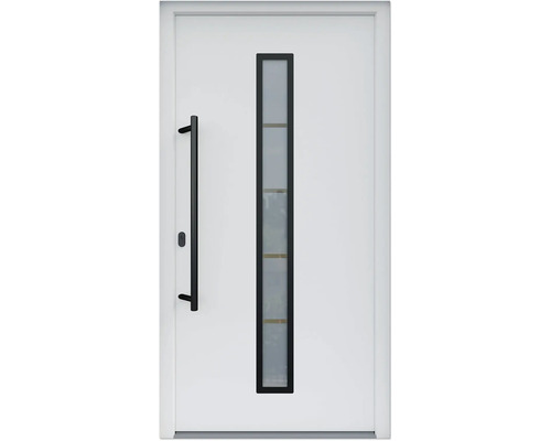 ARON HaustürARON 3171 Aluminium-Kunststoff-Verbund RAL 9016 verkehrsweiß 1000x2000 mm einseitig flügelüberdeckend DIN Links inkl.Stoßgriffset,Innendrücker in Schwarz,Profilzylinder mit 3 Schlüsseln Weiße Haustür mit Glaseinsatz und Griff
