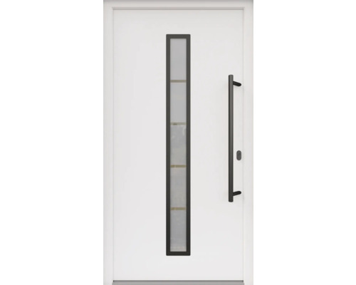 ARON HaustürARON 3171 Aluminium-Kunststoff-Verbund RAL 9016 verkehrsweiß 1000x2100 mm einseitig flügelüberdeckend DIN Rechts inkl.Stoßgriffset,Innendrücker in Schwarz,Profilzylinder mit 3 Schlüsseln Weiße Haustür mit Glasausschnitt und Griff