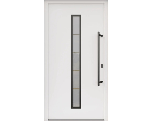 ARON HaustürARON 3171 Aluminium-Kunststoff-Verbund RAL 9016 verkehrsweiß 1100x2100 mm einseitig flügelüberdeckend DIN Rechts inkl.Stoßgriffset,Innendrücker in Schwarz,Profilzylinder mit 3 Schlüsseln Weiße Haustür mit Glasausschnitt und schwarzem Griff