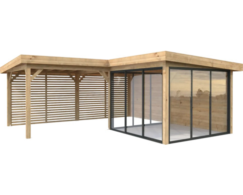 Holz Pavillon mit Glasschiebewand und Lamellenwand