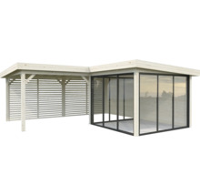 Holzpavillon mit Glasfront und seitlichem Sichtschutz