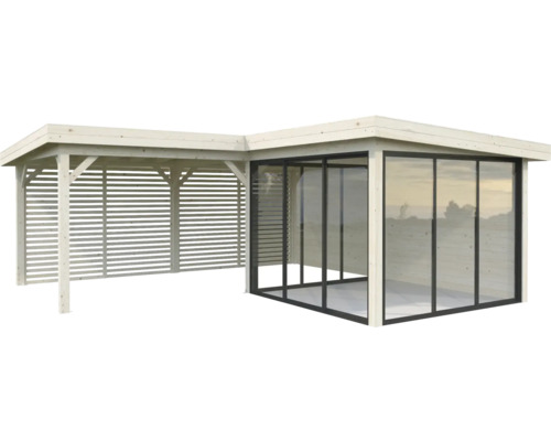 Holzpavillon mit Glasfront und seitlichem Sichtschutz