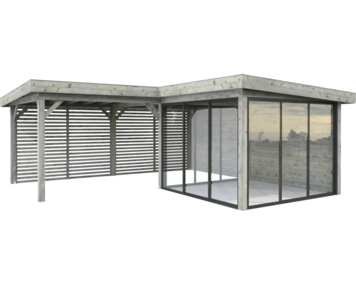 Holzpavillon mit offenen und geschlossenen Seiten