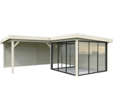 Holz Gartenhaus mit Glasschiebetüren und überdachtem Bereich
