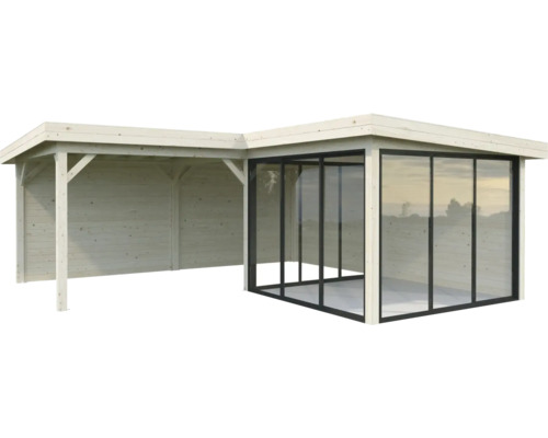 Holz Gartenhaus mit Glasschiebetüren und überdachtem Bereich