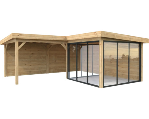 Holz Gartenhaus mit Überdachung und Glasschiebetüren