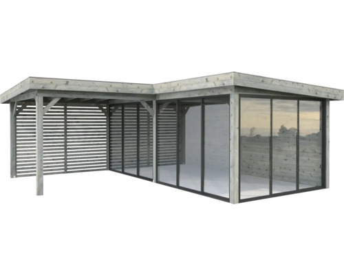 Holzpavillon mit Glasschiebewänden und Lamellenwänden für den Garten