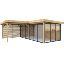 Holz Pavillon mit Lamellenwand und Glasschiebetüren