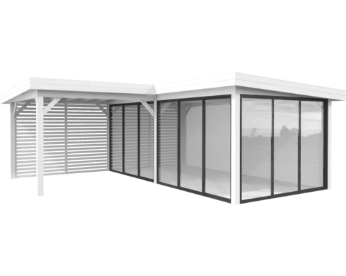 Holz Gartenhaus mit Glasfront und seitlichem Unterstand