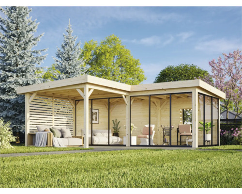 Holzgartenhaus mit Glasfront und Loungebereich