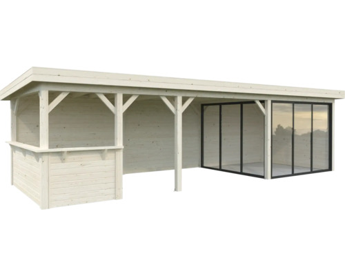 Holz Gartenhaus mit Schiebetüren und überdachtem Bereich