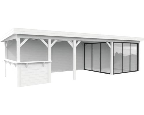 Weiße Gartenlounge mit Glasfront
