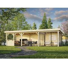 Holz Gartenhaus mit Grillplatz und Sitzecke im Garten