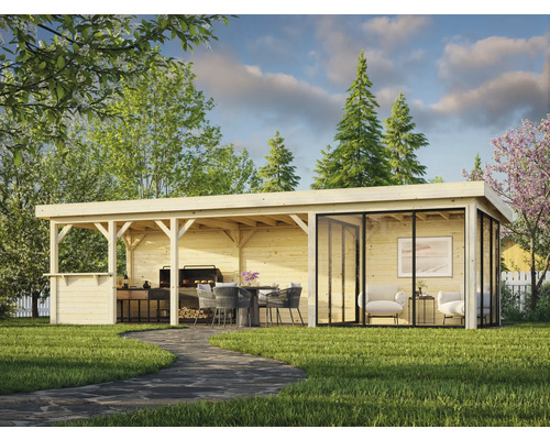 Holz Gartenhaus mit Grillplatz und Sitzecke im Garten