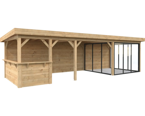 Holz Gartenhaus mit Überdachung und Schiebetüren
