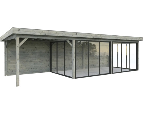 Holzgartenhaus mit Glasschiebetüren