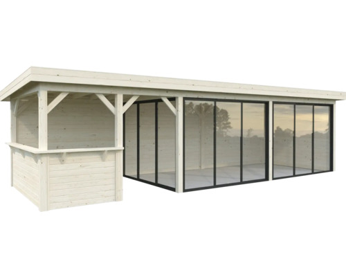 Gartenhaus mit Fensterfront und Bar aus Holz