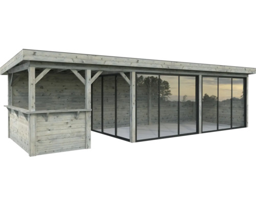 Holzpavillon mit Glaswänden und Theke