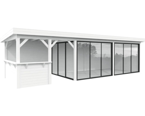 Modernes Gartenhaus mit weißen Holzpaneelen und Glasfronten