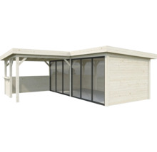 Holzpavillon mit Schiebetüren und seitlichem Anbau