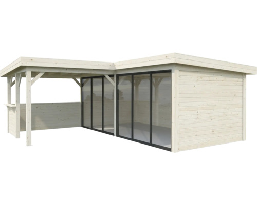 Holzpavillon mit Schiebetüren und seitlichem Anbau