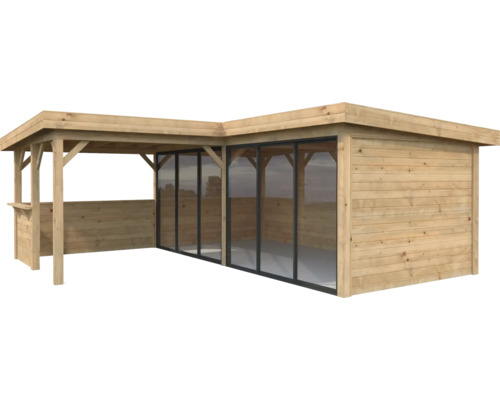 Holzgartenhaus mit Überdachung und Schiebetüren
