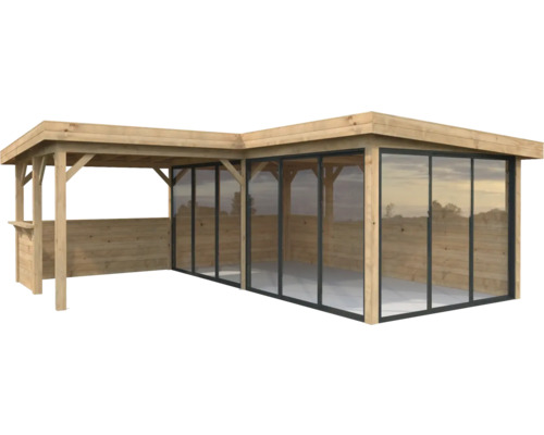 Holzpavillon mit Glasschiebewänden