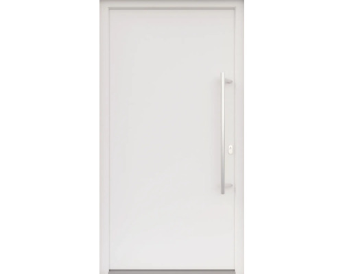 ARON HaustürBasic 3101 Aluminium-Kunststoff-Verbund RAL 9016 verkehrsweiß 1000x2000 mm beidseitig flügelüberdeckend DIN Rechts inkl.Stoßgriffset,Innendrücker in Edelstahl,Profilzylinder mit 3 Schlüsseln Weiße Eingangstür mit Edelstahlgriff
