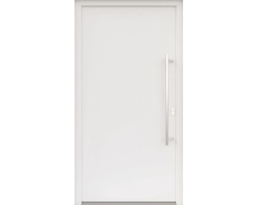 ARON HaustürBasic 3101 Aluminium-Kunststoff-Verbund RAL 9016 verkehrsweiß 1000x2100 mm beidseitig flügelüberdeckend DIN Rechts inkl.Stoßgriffset,Innendrücker in Edelstahl,Profilzylinder mit 3 Schlüsseln Weiße Innentür mit einem Griff
