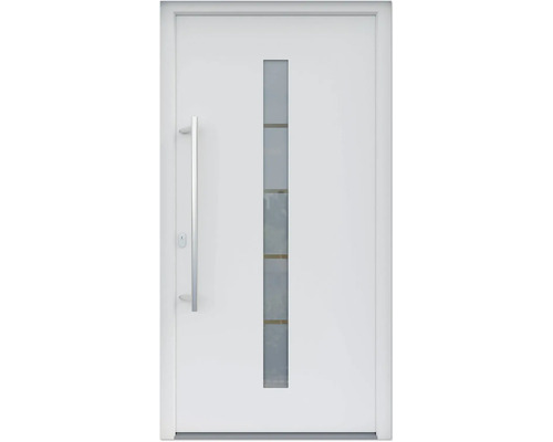 ARON HaustürBasic 3111 Aluminium-Kunststoff-Verbund RAL 9016 verkehrsweiß 1000x2000 mm beidseitig flügelüberdeckend DIN Links inkl.Stoßgriffset,Innendrücker in Edelstahl,Profilzylinder mit 3 Schlüsseln Weiße Haustür mit Glasausschnitt und Edelstahlgriff