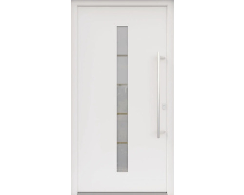 ARON HaustürBasic 3111 Aluminium-Kunststoff-Verbund RAL 9016 verkehrsweiß 1000x2100 mm beidseitig flügelüberdeckend DIN Rechts inkl.Stoßgriffset,Innendrücker in Edelstahl,Profilzylinder mit 3 Schlüsseln Weiße Haustür mit Glasausschnitt und Griff