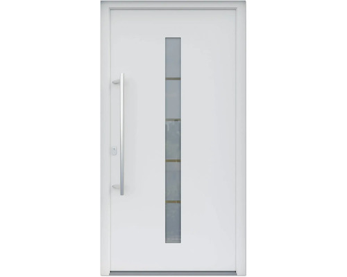 ARON HaustürBasic 3111 Aluminium-Kunststoff-Verbund RAL 9016 verkehrsweiß 1100x2100 mm beidseitig flügelüberdeckend DIN Links inkl.Stoßgriffset,Innendrücker in Edelstahl,Profilzylinder mit 3 Schlüsseln Weiße Haustür mit Glaseinsatz und Metallgriff