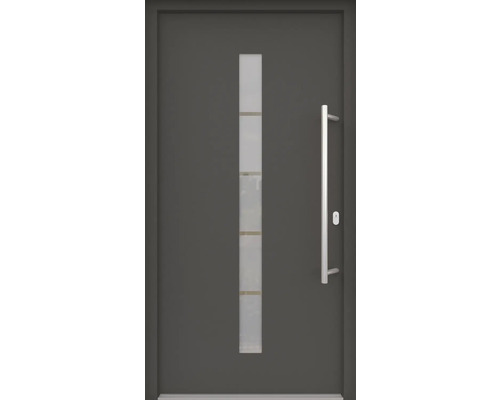 ARON HaustürBasic 3111 Aluminium-Kunststoff-Verbund RAL 7016 anthrazitgrau 1100x2100 mm beidseitig flügelüberdeckend DIN Rechts inkl.Stoßgriffset,Innendrücker in Edelstahl,Profilzylinder mit 3 Schlüsseln Graue Haustür mit Glaseinsatz und Griff