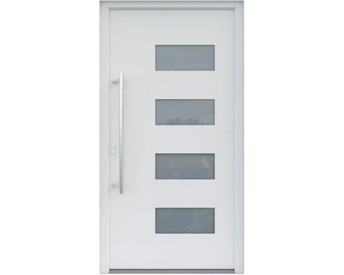 ARON HaustürBasic 3121 Aluminium-Kunststoff-Verbund RAL 9016 verkehrsweiß 1000x2000 mm beidseitig flügelüberdeckend DIN Links inkl.Stoßgriffset,Innendrücker in Edelstahl,Profilzylinder mit 3 Schlüsseln Weiße Haustür mit vier rechteckigen Glaseinsätzen und einem Türgriff aus Metall