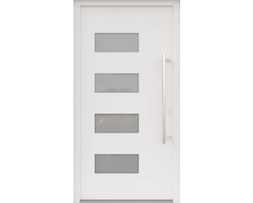 ARON HaustürBasic 3121 Aluminium-Kunststoff-Verbund RAL 9016 verkehrsweiß 1100x2100 mm beidseitig flügelüberdeckend DIN Rechts inkl.Stoßgriffset,Innendrücker in Edelstahl,Profilzylinder mit 3 Schlüsseln Weiße Haustür mit vier rechteckigen Glaseinsätzen und Edelstahlgriff