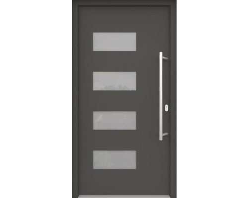 ARON HaustürBasic 3121 Aluminium-Kunststoff-Verbund RAL 7016 anthrazitgrau 1000x2000 mm beidseitig flügelüberdeckend DIN Rechts inkl.Stoßgriffset,Innendrücker in Edelstahl,Profilzylinder mit 3 Schlüsseln Haustür mit vier rechteckigen Glaseinsätzen und Griffstange