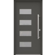 Graue Haustür mit vier rechteckigen Glaseinsätzen und einem langen, geraden Türgriff.
