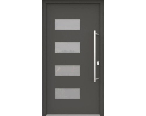 ARON HaustürBasic 3121 Aluminium-Kunststoff-Verbund RAL 7016 anthrazitgrau 1000x2100 mm beidseitig flügelüberdeckend DIN Rechts inkl.Stoßgriffset,Innendrücker in Edelstahl,Profilzylinder mit 3 Schlüsseln Graue Haustür mit vier rechteckigen Glaseinsätzen und einem langen, geraden Türgriff.