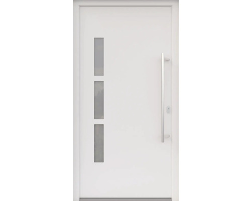 ARON HaustürBasic 3131 Aluminium-Kunststoff-Verbund RAL 9016 verkehrsweiß 1000x2100 mm beidseitig flügelüberdeckend DIN Rechts inkl.Stoßgriffset,Innendrücker in Edelstahl,Profilzylinder mit 3 Schlüsseln Weiße Haustür mit drei rechteckigen Glaseinsätzen und einem Griff