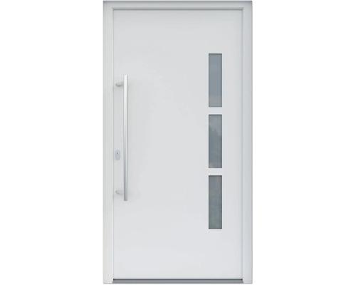 ARON HaustürBasic 3131 Aluminium-Kunststoff-Verbund RAL 9016 verkehrsweiß 1100x2100 mm beidseitig flügelüberdeckend DIN Links inkl.Stoßgriffset,Innendrücker in Edelstahl,Profilzylinder mit 3 Schlüsseln Weiße Haustür mit Glaseinsätzen und Griffstange