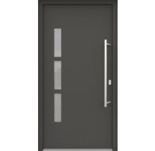 Graue Haustür mit drei Fenstern und einem Griff