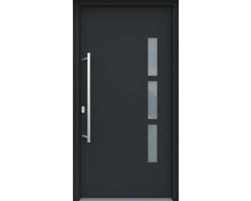 ARON HaustürBasic 3131 Aluminium-Kunststoff-Verbund RAL 7016 anthrazitgrau 1000x2000 mm beidseitig flügelüberdeckend DIN Links inkl.Stoßgriffset,Innendrücker in Edelstahl,Profilzylinder mit 3 Schlüsseln Haustür mit Edelstahlgriff und drei Glaseinsätzen