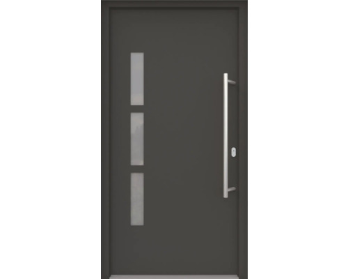 ARON HaustürBasic 3131 Aluminium-Kunststoff-Verbund RAL 7016 anthrazitgrau 1100x2100 mm beidseitig flügelüberdeckend DIN Rechts inkl.Stoßgriffset,Innendrücker in Edelstahl,Profilzylinder mit 3 Schlüsseln Haustür mit drei Lichtausschnitten und Stangengriff