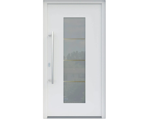 ARON HaustürARON 3141 Aluminium-Kunststoff-Verbund RAL 9016 verkehrsweiß 1000x2000 mm beidseitig flügelüberdeckend DIN Links inkl.Stoßgriffset,Innendrücker in Edelstahl,Profilzylinder mit 3 Schlüsseln Weiße Haustür mit Glaseinsatz und Griff