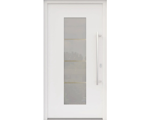 ARON HaustürARON 3141 Aluminium-Kunststoff-Verbund RAL 9016 verkehrsweiß 1000x2100 mm beidseitig flügelüberdeckend DIN Rechts inkl.Stoßgriffset,Innendrücker in Edelstahl,Profilzylinder mit 3 Schlüsseln Weiße Haustür mit Glaseinsatz und Edelstahlgriff