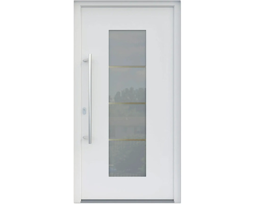 ARON HaustürARON 3141 Aluminium-Kunststoff-Verbund RAL 9016 verkehrsweiß 1100x2100 mm beidseitig flügelüberdeckend DIN Links inkl.Stoßgriffset,Innendrücker in Edelstahl,Profilzylinder mit 3 Schlüsseln Weiße Haustür mit Glaseinsatz und Griffstange