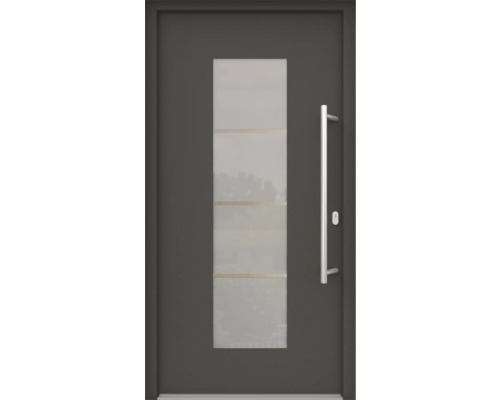 ARON HaustürARON 3141 Aluminium-Kunststoff-Verbund RAL 7016 anthrazitgrau 1000x2100 mm beidseitig flügelüberdeckend DIN Rechts inkl.Stoßgriffset,Innendrücker in Edelstahl,Profilzylinder mit 3 Schlüsseln Haustür mit Glaseinsatz und Edelstahlgriff