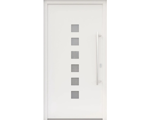 ARON HaustürARON 3151 Aluminium-Kunststoff-Verbund RAL 9016 verkehrsweiß 1100x2100 mm beidseitig flügelüberdeckend DIN Rechts inkl.Stoßgriffset,Innendrücker in Edelstahl,Profilzylinder mit 3 Schlüsseln Weiße Haustür mit sechs quadratischen Glaseinsätzen und Edelstahlgriff