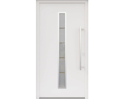 ARON HaustürARON 3161 Aluminium-Kunststoff-Verbund RAL 9016 verkehrsweiß 1100x2100 mm beidseitig flügelüberdeckend DIN Rechts inkl.Stoßgriffset,Innendrücker in Edelstahl,Profilzylinder mit 3 Schlüsseln Weiße Haustür mit Glaseinsatz und Griff